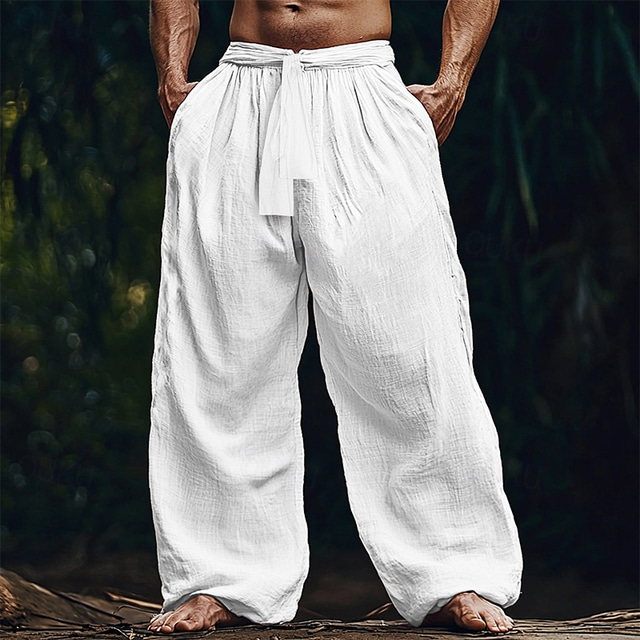  Men's Linen Pants Trousers Summer Pants Beach Pants Pocket Drawstring Elastic Waist Plain Comfort Breathable Vacation Daily Holiday Hawaiian Boho White Navy Blue