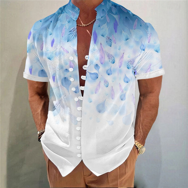  Men's Floral Print Gradient Color Flowers Summer Hawaiian Shirt Aloha Shirt Stand Collar Shirt Short Sleeve Hawaiian Vacation Beach Wear Summer Spring Mandarin Collar 3D Print Button Down Shirts Pink