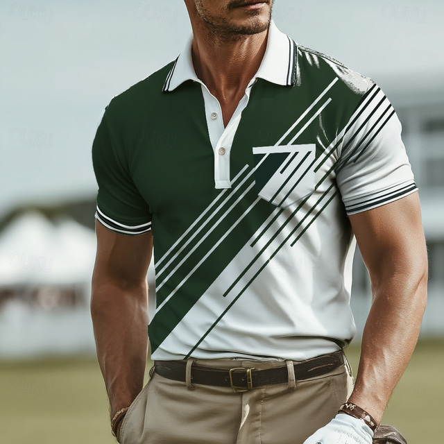  Men's Geometic Line Polo Short Sleeve Polo Shirts Collared Shirts Business Casual Business Buttons Pocket 3D Print Summer Black Dark Green Dark Blue