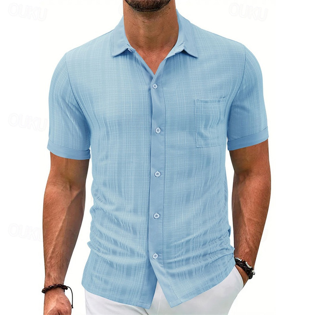  Men's Shirt Summer Shirt Casual Shirt Beach Shirt Button Up Shirt Black White Blue khaki Short Sleeve Plain Lapel Vacation Hawaiian Pocket Clothing Apparel Polyester Fashion Casual Comfortable