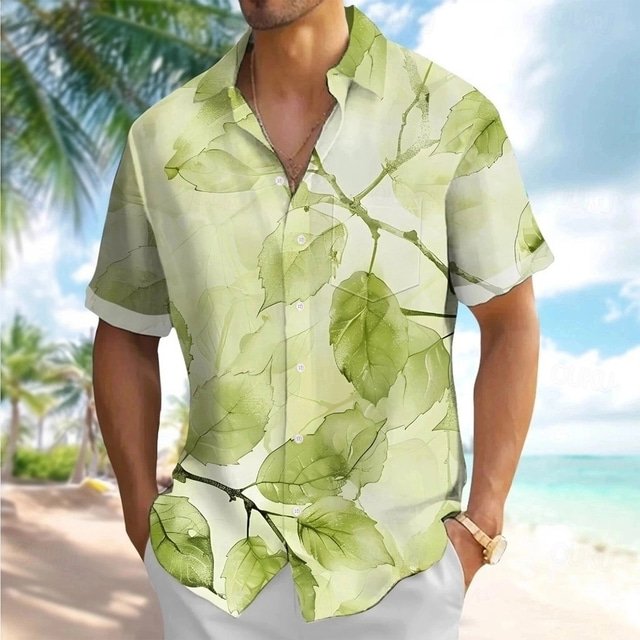  Men's Plants Tropical Leaf Summer Hawaiian Shirt Button Up Shirt Aloha Shirt Short Sleeve Hawaiian Holiday Beach Wear Summer Spring Turndown 3D Print Collared Shirts Front One Pocket Blue Green