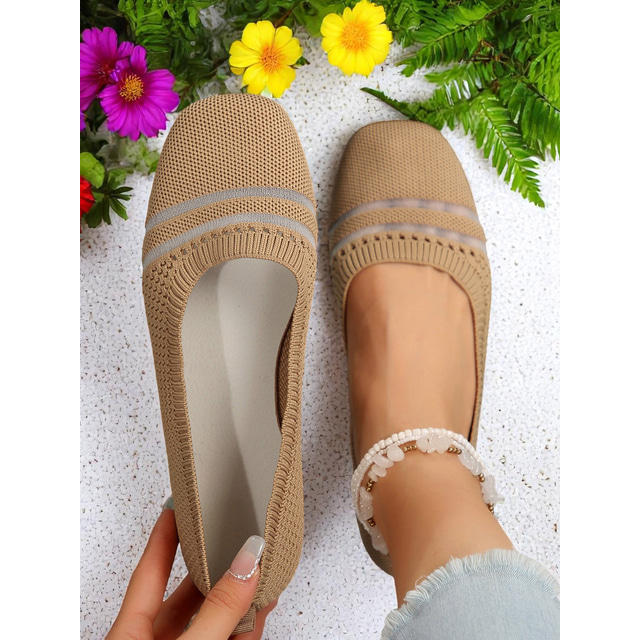  Balerini roșii respirabili din flyknit cu design în dungi pentru femei – pantofi casual ușori pentru purtare zilnică, călătorii sau plimbări în grădină