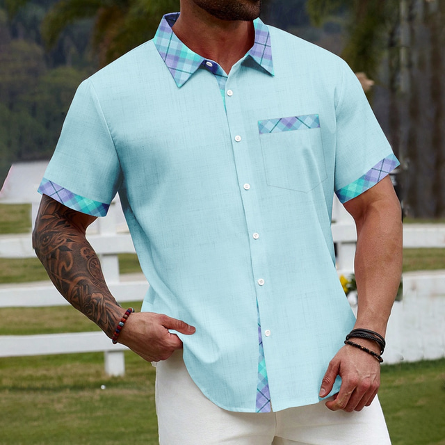  Men's Geometric Check Grid / Plaid Shirt Summer Shirt Button Up Shirt Short Sleeve Fashion Casual Vacation Holiday Streetwear Summer Turndown 3D Print Front One Pocket Linen Like Shirt Pink Blue Green
