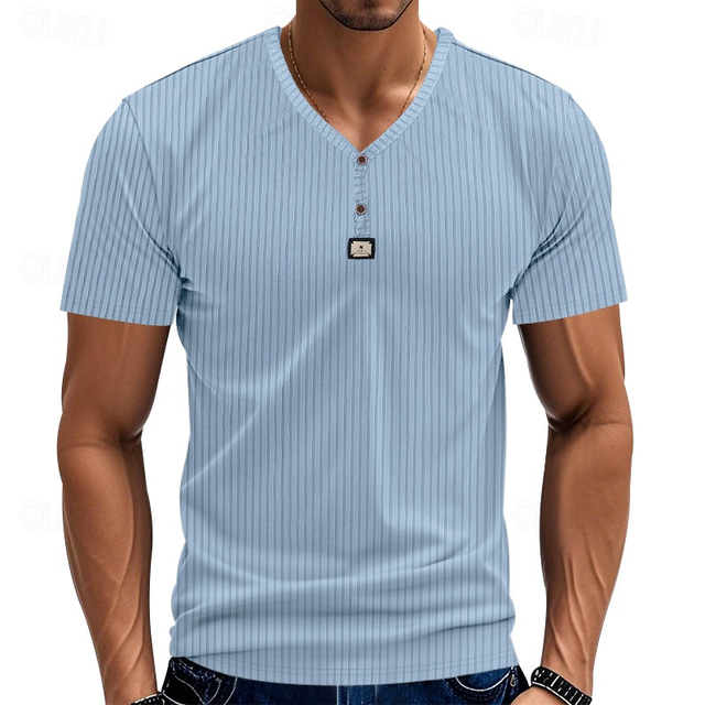  Men's T Shirt Henley Shirt Tee Short Sleeve Shirt Short Sleeve V Neck Summer Plain Fashion Designer Basic Jacquard Vacation Street Going out Black White Khaki Top Tee for Men