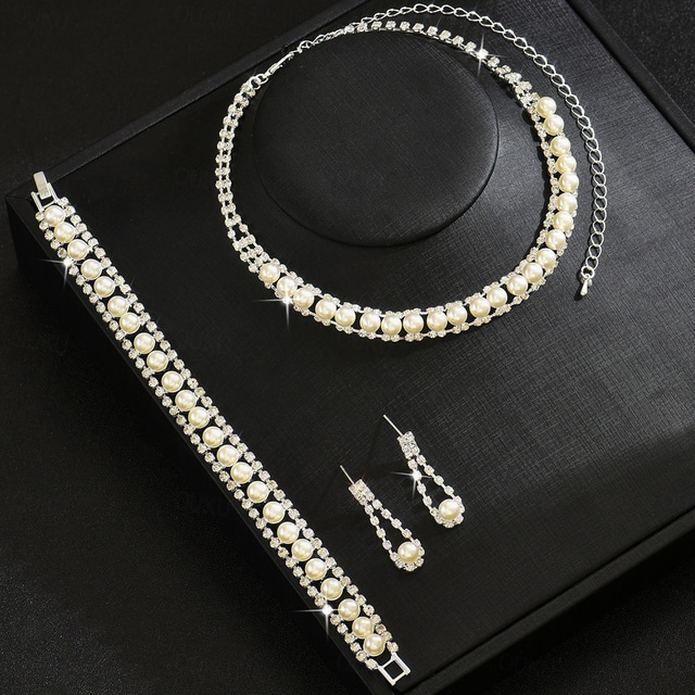  Bridal Jewelry Sets Three-piece Suit Pearl 1 Necklace 1 Bracelet Earrings Women's Elegant Fashion Sweet Lovely Classic Love Precious Oval Jewelry Set For Wedding Valentine's Day Birthday