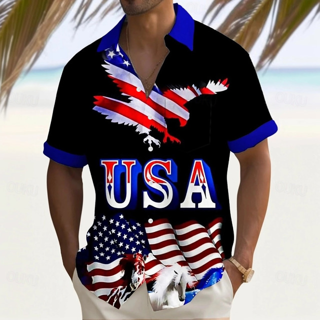  Tag der Unabhängigkeit Herren Amerikanische US-Flagge Adler Patriotisch Hemd Sommerhemd Knopfhemd Kurzarm Modisch lässig Ferien Sommer Frühling Umlegekragen 3D-Druck Hemden mit Kragen Eine Tasche