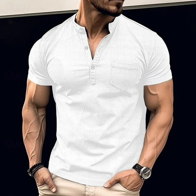  Men's T Shirt Henley Shirt Tee Short Sleeve Shirt Short Sleeve Henley Summer Color Block Fashion Designer Basic Buttons Pocket Vacation Street Going out Black White Navy Blue Top Tee for Men