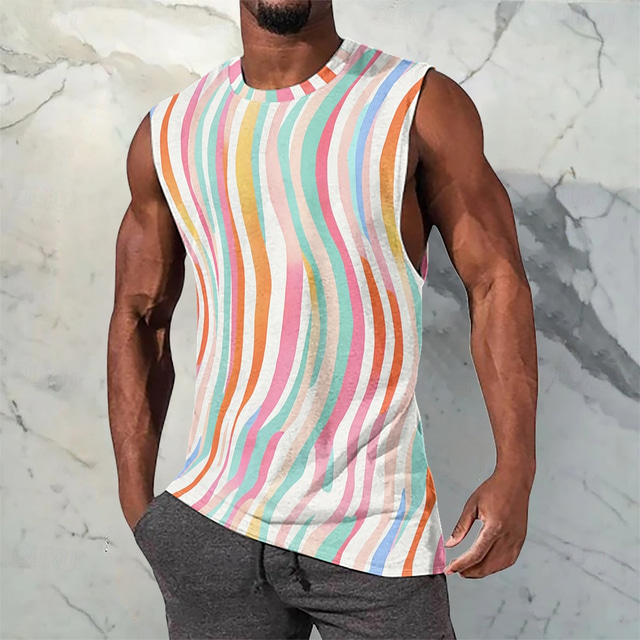  Homme Débardeur Sous-Vêtements T-shirt sans manches Sans manches Col Rond Printemps & Été Lignes / Vagues Motif Mode Designer Vacances Rue Sortir Multi Couleur T-shirt haut de gamme pour homme