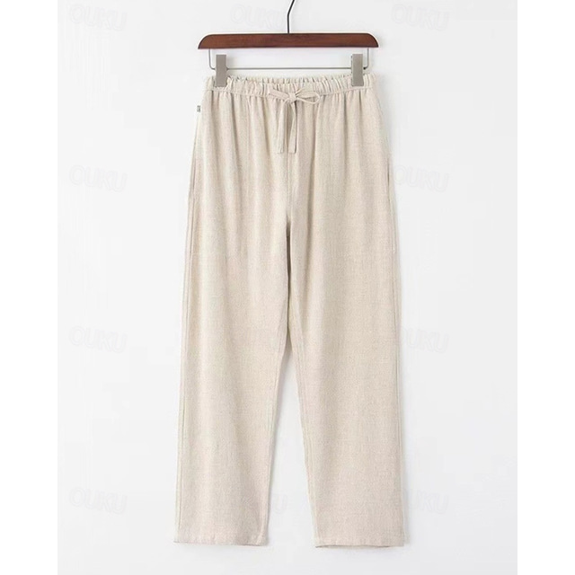  Men's Linen Pants Trousers Summer Pants Beach Pants Pocket Drawstring Elastic Waist Plain Comfort Breathable Vacation Daily Holiday Hawaiian Boho Black White Micro-elastic