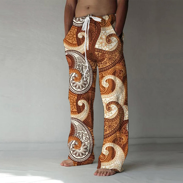  Men's Geometric Circle Waves Trousers Baggy Pants Casual Pants Mid Waist Casual Outdoor Vacation Side Pockets Wide Leg Elastic Drawstring Waist Summer Spring 3D Print Black Brown