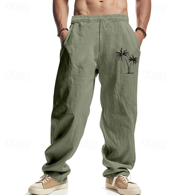  Men's Linen Pants Trousers Summer Pants Beach Pants Pocket Drawstring Elastic Waist Coconut Tree Comfort Breathable Vacation Daily Holiday Hawaiian Boho Black White