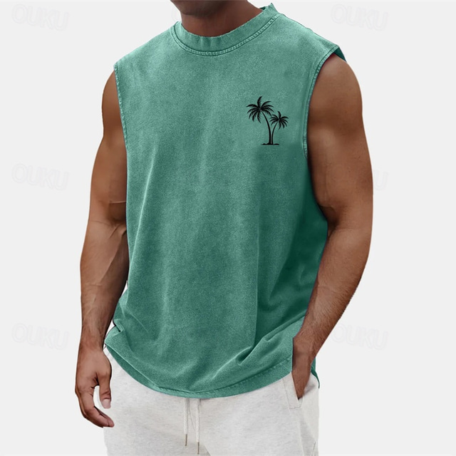  Herren Tank Top Weste Unterhemd Ärmelloses Shirt Ärmellos Rundhalsausschnitt Sommer Kokospalme Mode Designer Basic Klassisch Urlaub Straße Ausgehen Schwarz Hellgrün Blau Top T-Shirt für Herren