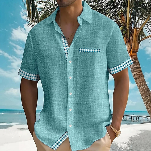  Men's Geometric Grid / Plaid Shirt Summer Shirt Button Up Shirt Short Sleeve Fashion Casual Vacation Holiday Streetwear Summer Turndown 3D Print Front One Pocket Linen Like Shirt Yellow Blue Green