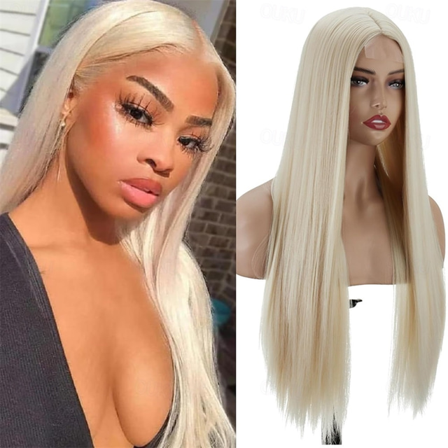  Natural Looking Long Ombre Blonde with Brown Roots Glueless Wig For Womens Ladies Straight Silky Synthetic Heat Resistant Hair Wig 28 Inch