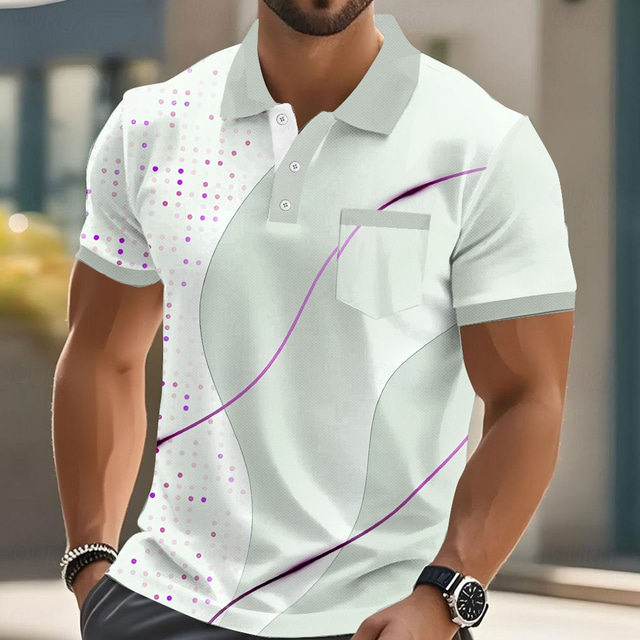  Men's Male Geometic Line Polo Short Sleeve Turndown Business Casual Sports & Outdoor Business Casual Daily Buttons Pocket Summer Amethyst Robin's Egg Blue Grey