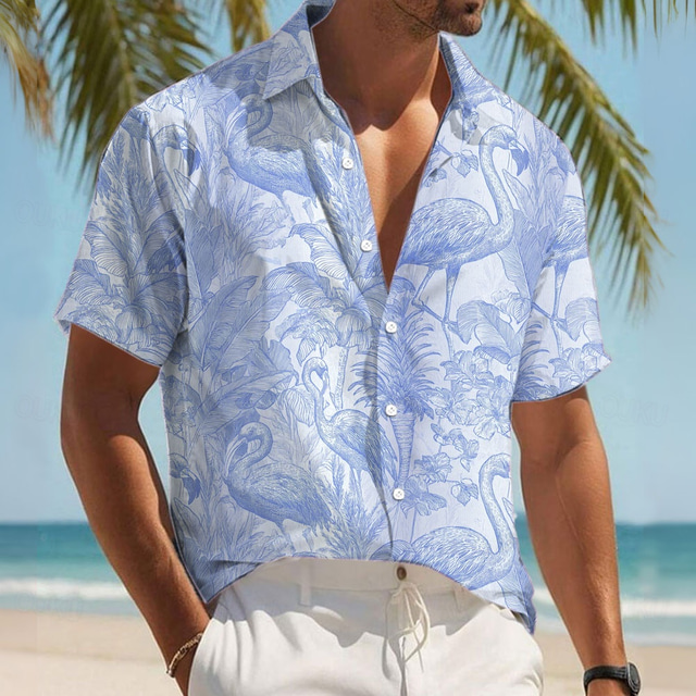  Men's Flamingo Bird Tropical Plants Shirt Summer Hawaiian Shirt Button Up Shirt Short Sleeve Hawaiian Resort Vacation Holiday Beach Wear Summer Spring Turndown 3D Print Collared Shirts Pink Blue