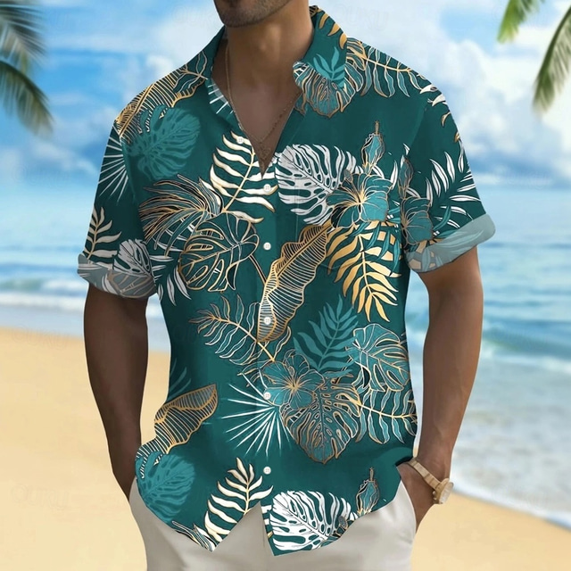  Men's Palm Leaf Tropical Plants Summer Hawaiian Shirt Button Up Shirt Aloha Shirt Short Sleeve Hawaiian Holiday Beach Wear Summer Spring Turndown 3D Print Collared Shirts Front One Pocket Black Green