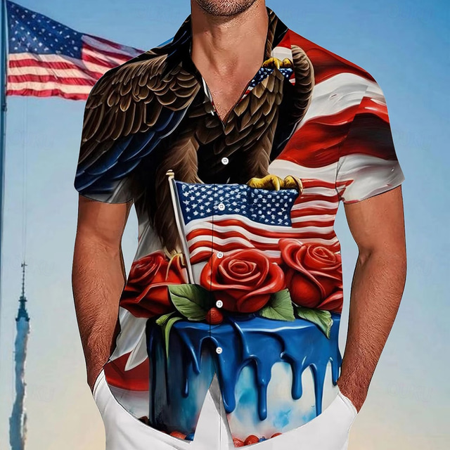  Independence Day Men's Floral Print US Flag Patriotic Shirt Summer Shirt Button Up Shirt Short Sleeve Fashion Casual Outdoor Holiday Summer Spring Turndown 3D Print Collared Shirts Red Blue
