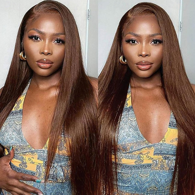  4# Brown Human Hair Wig 360 Lace Wig Straight Human Hair Lace Wig 150% density