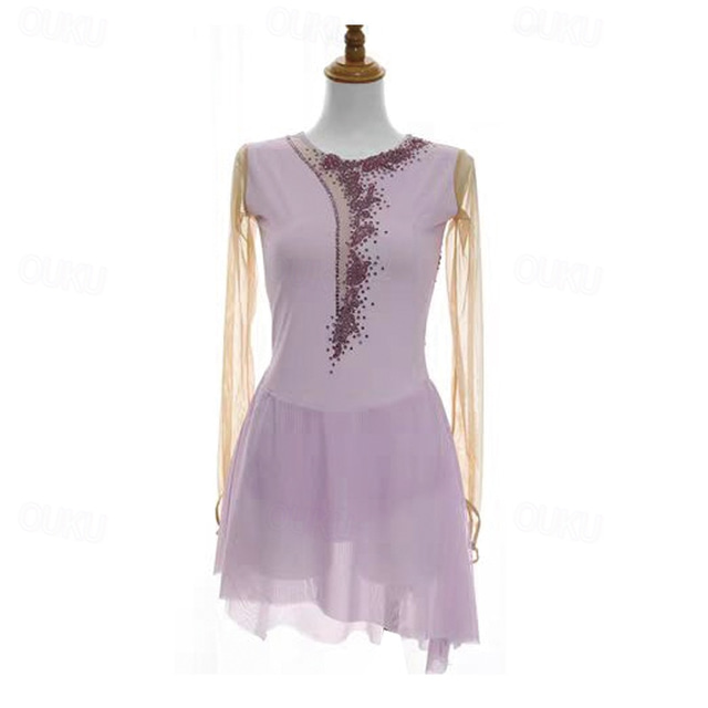  Figure Skating Dress Women's Girls' Ice Skating Dress Light Purple Patchwork Thumbhole Mesh Spandex Stretchy Training Practice Professional Skating Wear Thermal Warm Crystal / Rhinestone Long Sleeve
