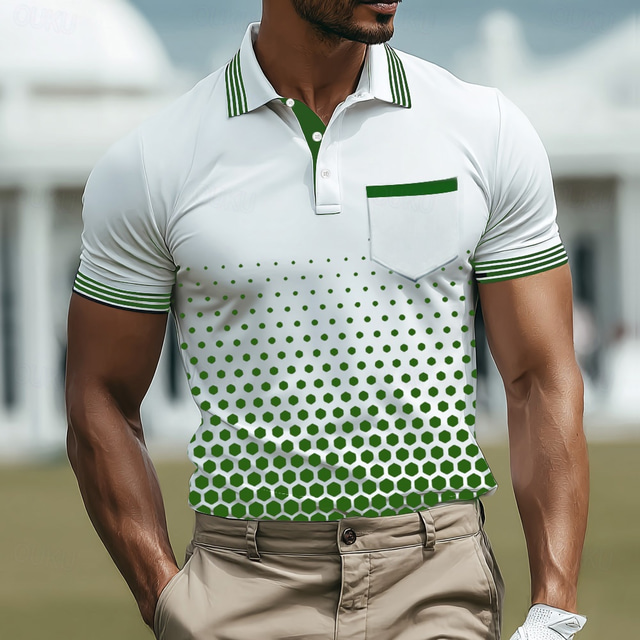  Men's Geometic Polo Short Sleeve Polo Shirts Collared Shirts Business Casual Outdoor Athleisure Daily Wear Buttons 3D Print Summer Black Blue Green