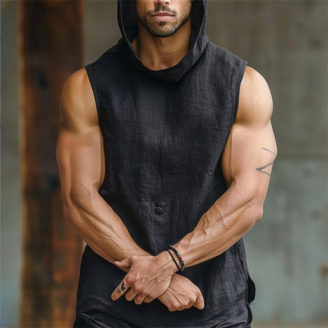  Men's Tank Top Vest Top Undershirt Sleeveless Shirt Sleeveless Hooded Summer Plain Fashion Designer Basic Classic Vacation Street Going out Black Top Tee for Men