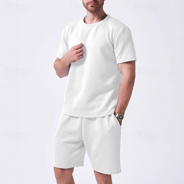  Men's T-shirt Suits 2 Pieces Outfits Tee & Shorts Short Sleeve Crew Neck Summer Plain Fashion Casual 2 Piece Jacquard Vacation Daily Wear Going out Black White Khaki Top Tee for Men