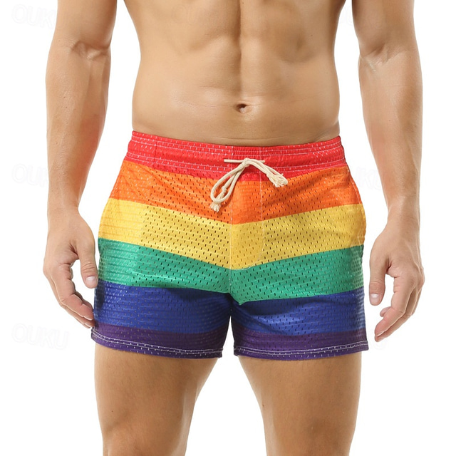  Rainbow Gay Pride Pride Shorts Board Shorts Sexy Mesh Rainbow Striped Men's Adults' Beach Clubwear Pride Parade Carnival Easy Carnival Costume