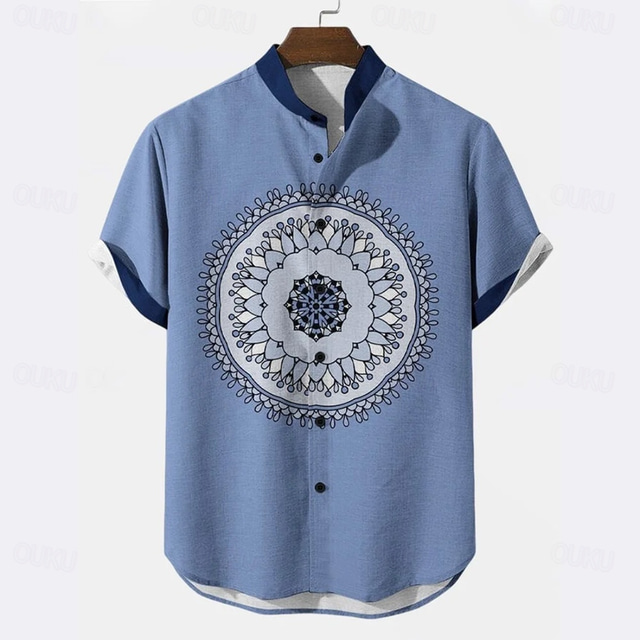  Men's Geometric Floral Print Ethnic Shirt Button Up Shirt Stand Collar Shirt Short Sleeve Vintage Retro Vacation Dailywear Beach Wear Summer Spring Mandarin Collar 3D Print Linen Like Shirt White