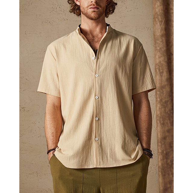  Men's Shirt Summer Shirt Casual Shirt Beach Shirt Button Up Shirt Black Apricot Short Sleeve Plain Band Collar Vacation Hawaiian Clothing Apparel Polyester Fashion Casual Comfortable
