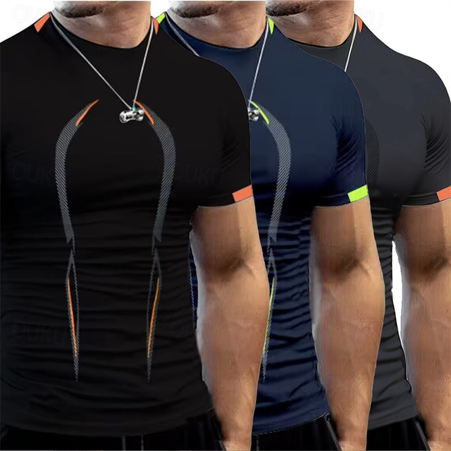  Multi Packs 3pcs Men's Crew Neck Short Sleeves Green+Navy Blue+Black T Shirt Tee Top Color Block Athletic Sports Polyester Summer