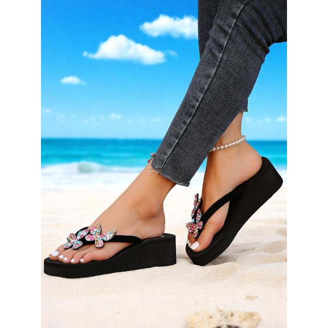  Glitzernde Schmetterlings-Plateau-Flip-Flops für Damen – farbenfrohe Strandsandalen für Sommer, Urlaub und Spaß am Pool