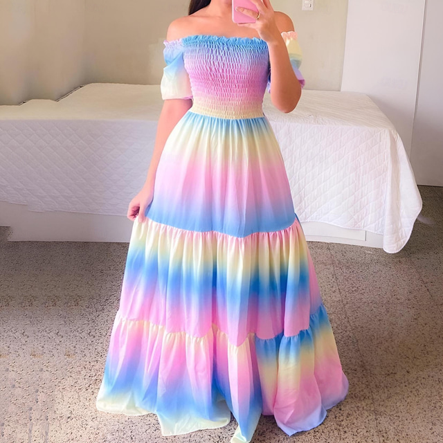  Rochie maxi curcubeu cu umerii goi, rochie lungă boho colorată cu mâneci bufante pentru parada Pride, festival &petrecere de vară