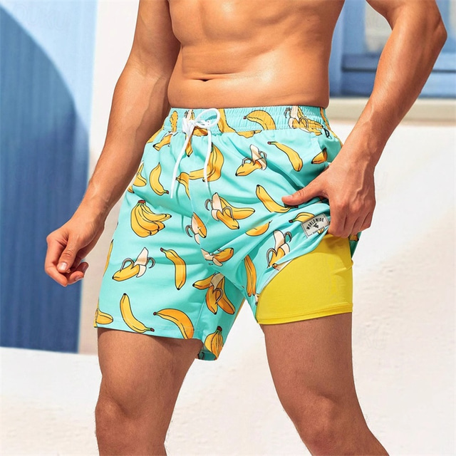  Men's Swim Shorts Board Shorts Swim Trunks Print Quick dry Breathable Drawstring Elastic Waist With Compression Liner Vacation Beach Hawaiian Casual Light Green Navy Blue