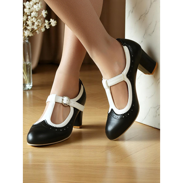  Women's Vintage 1950s T-Strap Mary Jane Heels – Pink and White Faux Leather Retro Pumps with Brogue Detailing for Parties, Daily Wear, and Costumes