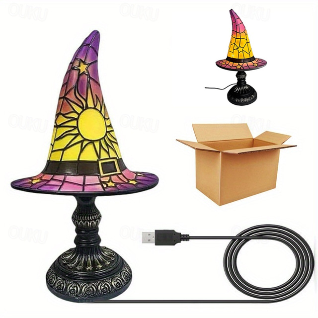  1 Pc Retro Resin Witch Hat Light Unique Indoor Bedside Table Bedroom Night Light Halloween Festival Atmosphere Decorative Light USB Plug in