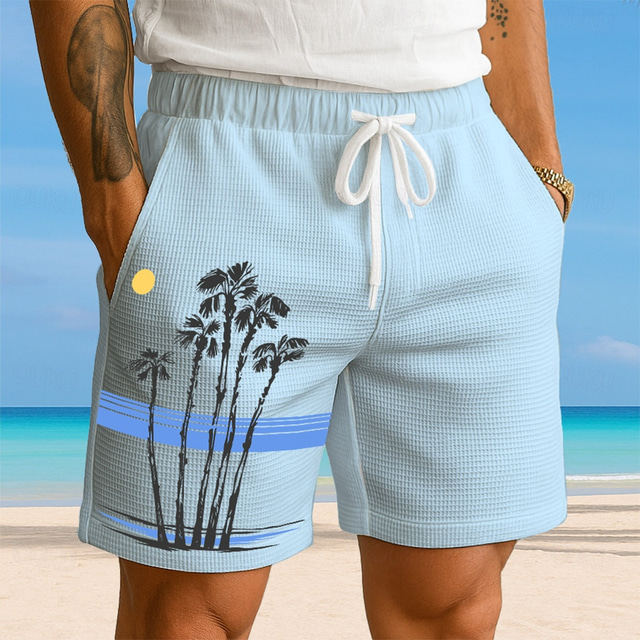  Men's Coconut Tree Tropical Plants Waffle Shorts Sweat Shorts Casual Shorts Mid Waist Fashion Casual Vacation Jogging Workout Elastic Drawstring Waist Shorts with Pockets Designer Clothing Apparel