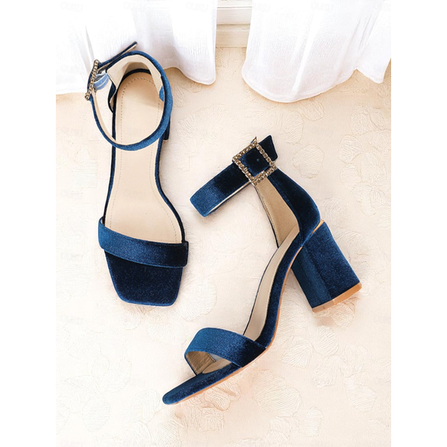  Women's Blue Velvet Block Heel Sandals - Elegant Ankle Strap Party Shoes with Crystal Buckle for Cocktail Events and Evening Occasions