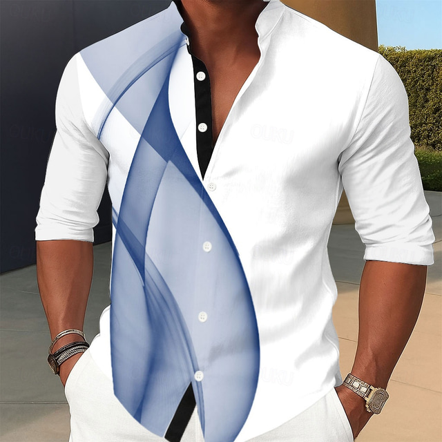  Men's Geometric Gradient Line Shirt Stand Collar Shirt Casual Dress Shirt Long Sleeve Business Casual Vacation Home Daily Summer Spring Mandarin Collar Band Collar 3D Print Button Up Shirts Black