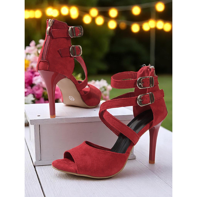  Women's Red Strappy Stiletto Heels with Peep Toe and Double Buckle - Bold Suede Party Sandals for Nightlife, Clubbing and Evening Events