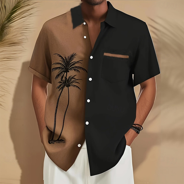  Men's Coconut Tree Tropical Plants Shirt Summer Hawaiian Shirt Button Up Shirt Short Sleeve Hawaiian Vacation Holiday Beach Wear Summer Spring Turndown 3D Print Front One Pocket Linen Like Shirt