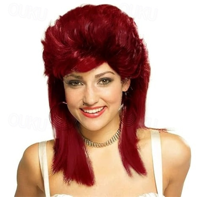  Women Mullet Wigs Curly Soft Heat Resistant Shoulder Length Hair 80s Rocker Cosplay Synthetic Wig