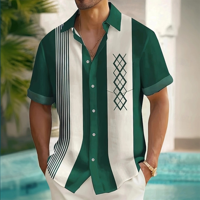  Men's Geometric Striped Grid / Plaid Shirt Summer Shirt Button Up Shirt Short Sleeve Fashion Casual Outdoor Vacation Dailywear Summer Spring Turndown 3D Print Collared Shirts Front One Pocket Red