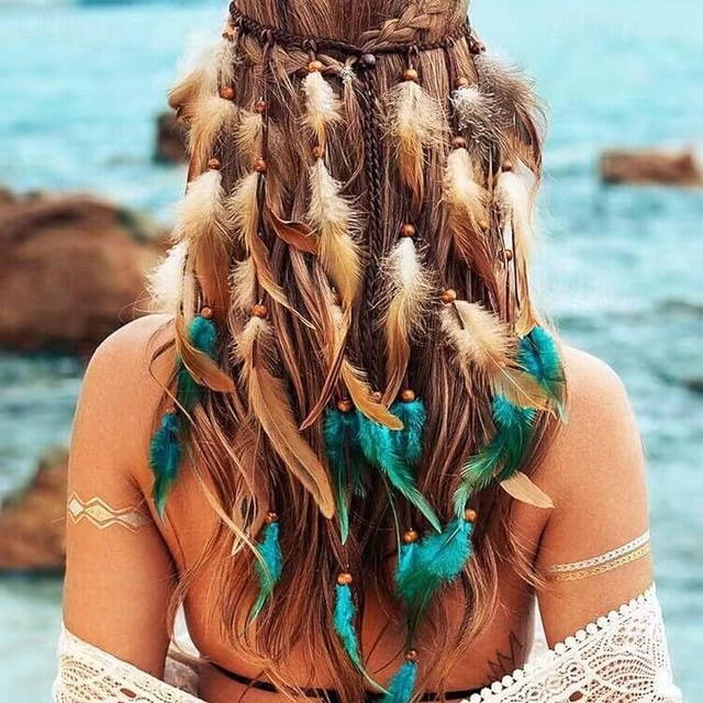  Bandeau à plumes bohème, coiffe hippie, coiffe de costume gitane indienne, accessoires de cheveux bohèmes pour femmes et filles, bleu rouge