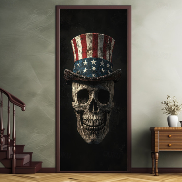  Halloween Skull Door Decorations Door Covers 4th of July Patriotic Independence Day Backdrop Indoor/Outdoor Door Banner for Front Door Farmhouse