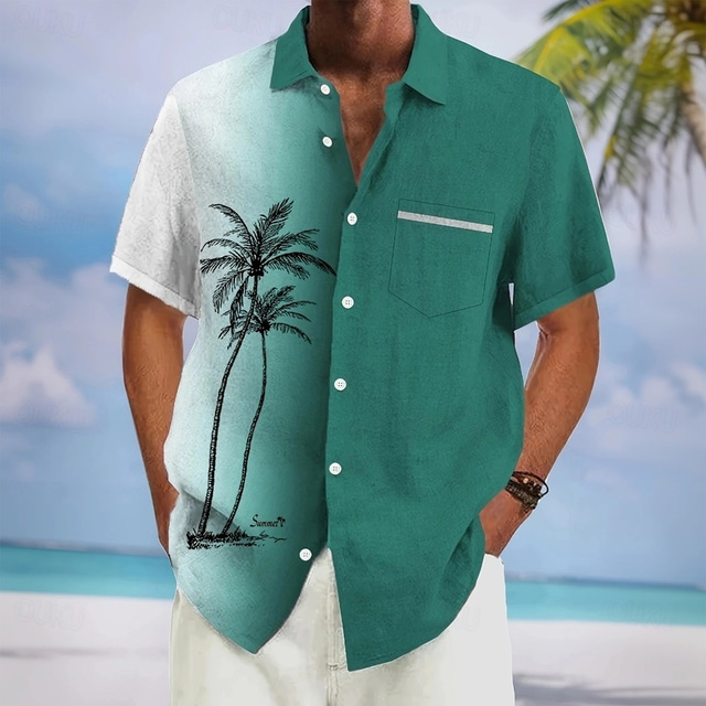  Men's Coconut Tree Gradient Color Shirt Summer Hawaiian Shirt Button Up Shirt Short Sleeve Hawaiian Vacation Holiday Beach Wear Summer Spring Turndown 3D Print Front One Pocket Linen Like Shirt Black
