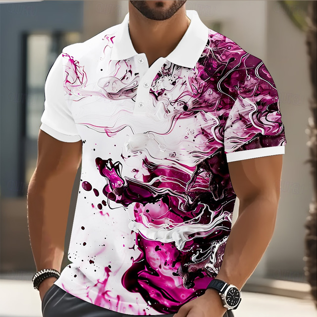  Men's Marble Polo Short Sleeve Polo Shirts Collared Shirts Casual Athleisure Buttons Summer Blue Purple Green