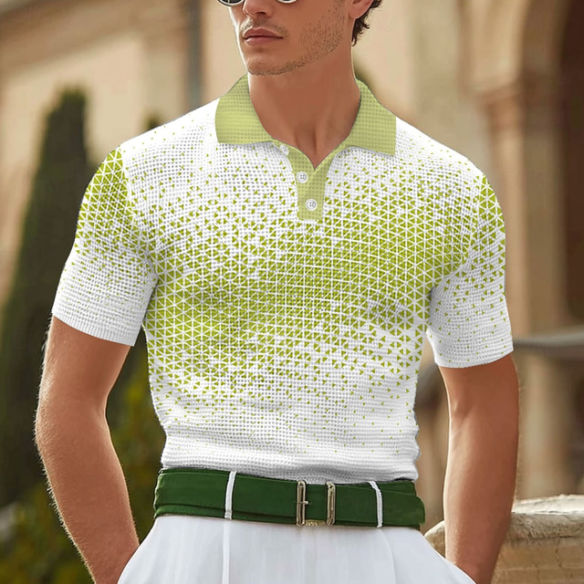  Men's Geometic Waffle Polo Shirts Short Sleeve Polo Shirts Collared Shirts Business Casual Business Athleisure Daily Wear 3D Print Buttons Summer Black Blue Brown