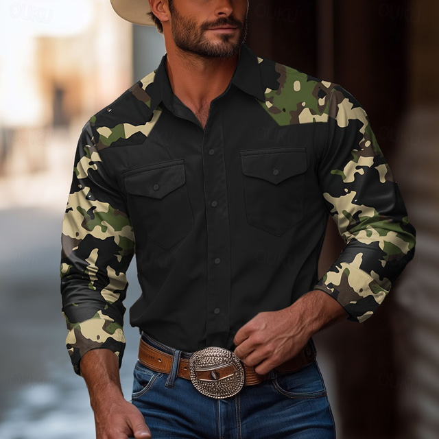  Men's Camo Camouflage Shirt Western Shirt Cowboy Shirt Long Sleeve Vintage Western Style Outdoor Daily WorkWear Fall & Winter Turndown 3D Print Front Two Pockets Button Up Shirts Black Army Green