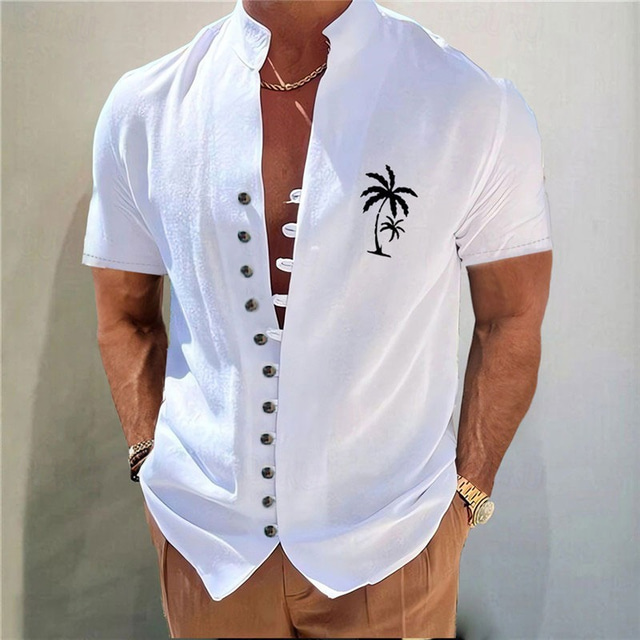  Bărbați Copac de cocos Imprimeu Grafic Cămașă Cămașă hawaiană Cămașă Aloha Manșon scurt Cămașă Guler de stand În aer liber Vacanță Alb Albastru piscină Kaki Gri Imprimeu Îmbrăcăminte Modă Șic Strad